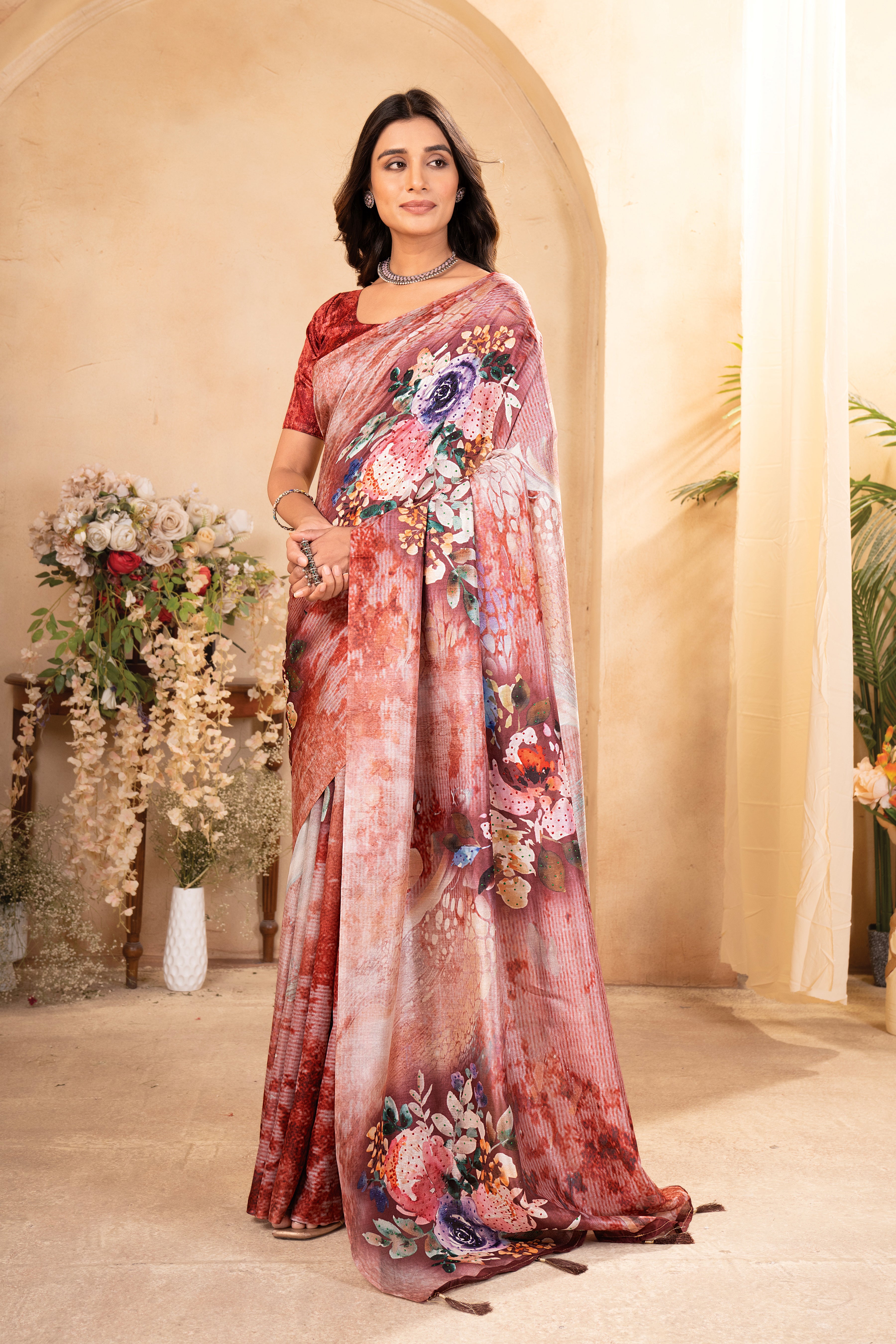 Orange Tussar Silk Floral Saree
